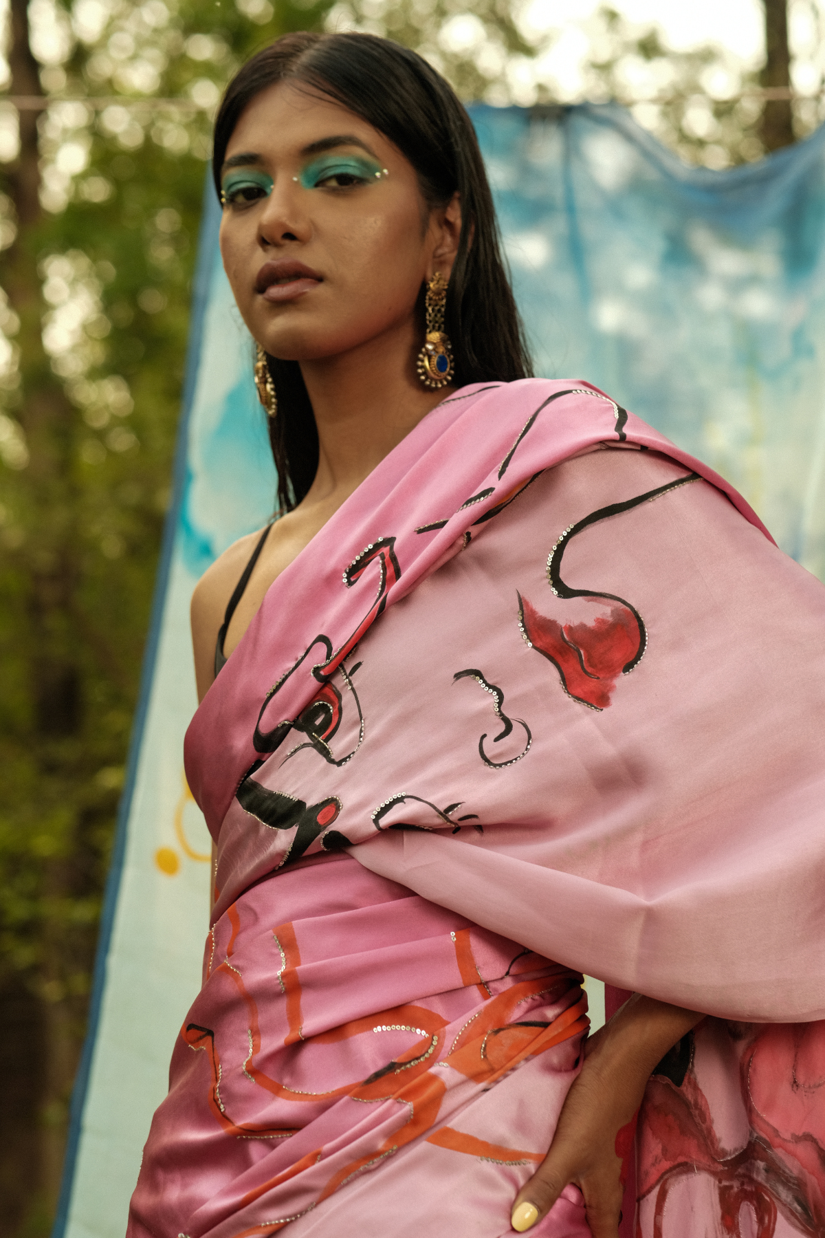Ombré pink satin saree