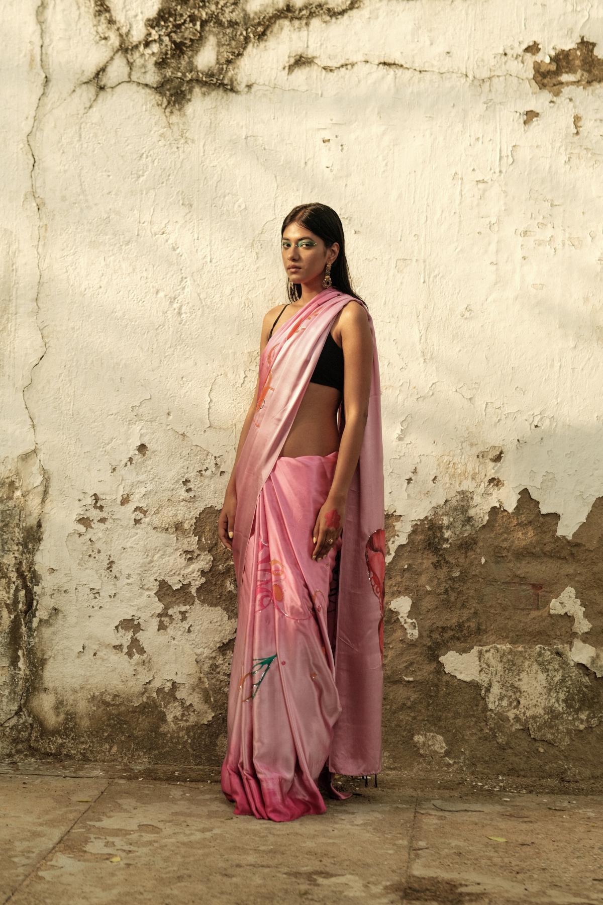Ombré pink satin saree