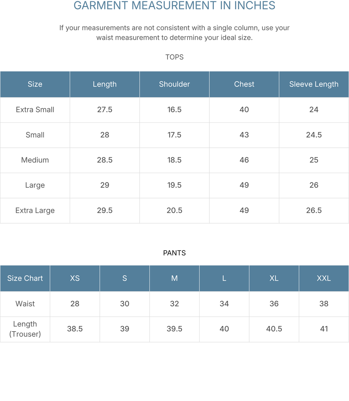Additional size chart image